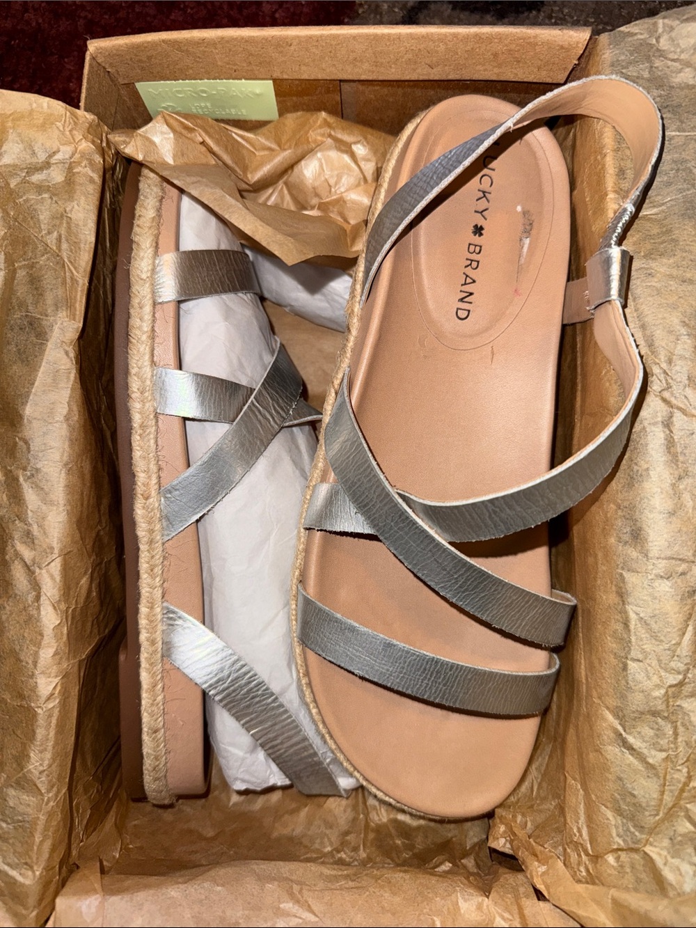 Lucky Brand Darli Silver Leather Strappy Espadrille Sandals - Size 8M New